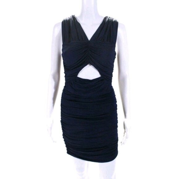 Love Shack Fancy Ruched V Neck Sleeveless Mini Sheath Dress Navy Medium Cut-out - Picture 1 of 6